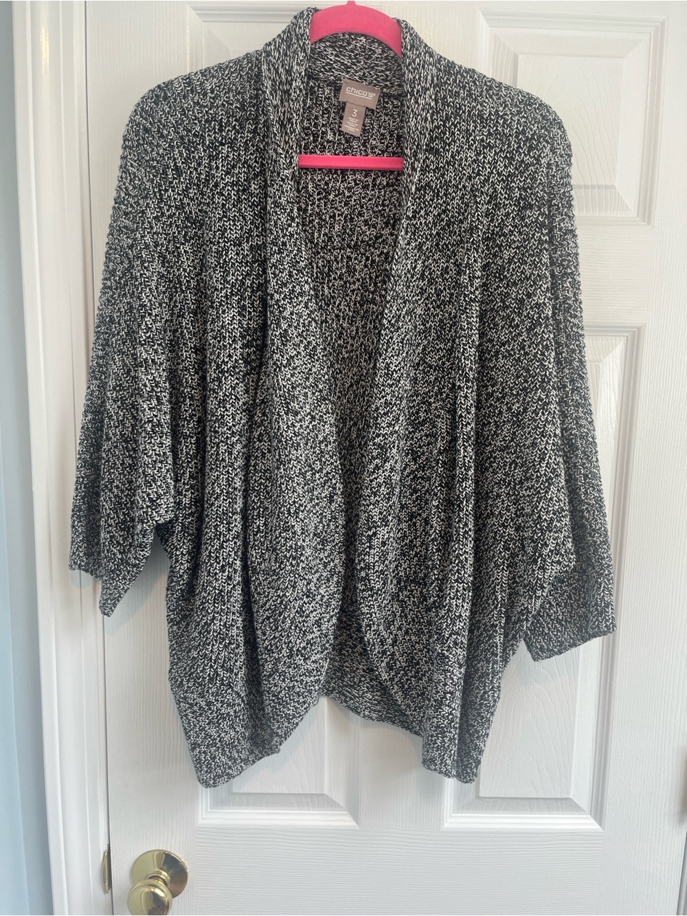 Chico’s Black and White Marled Open-Front Sweater Cardigan